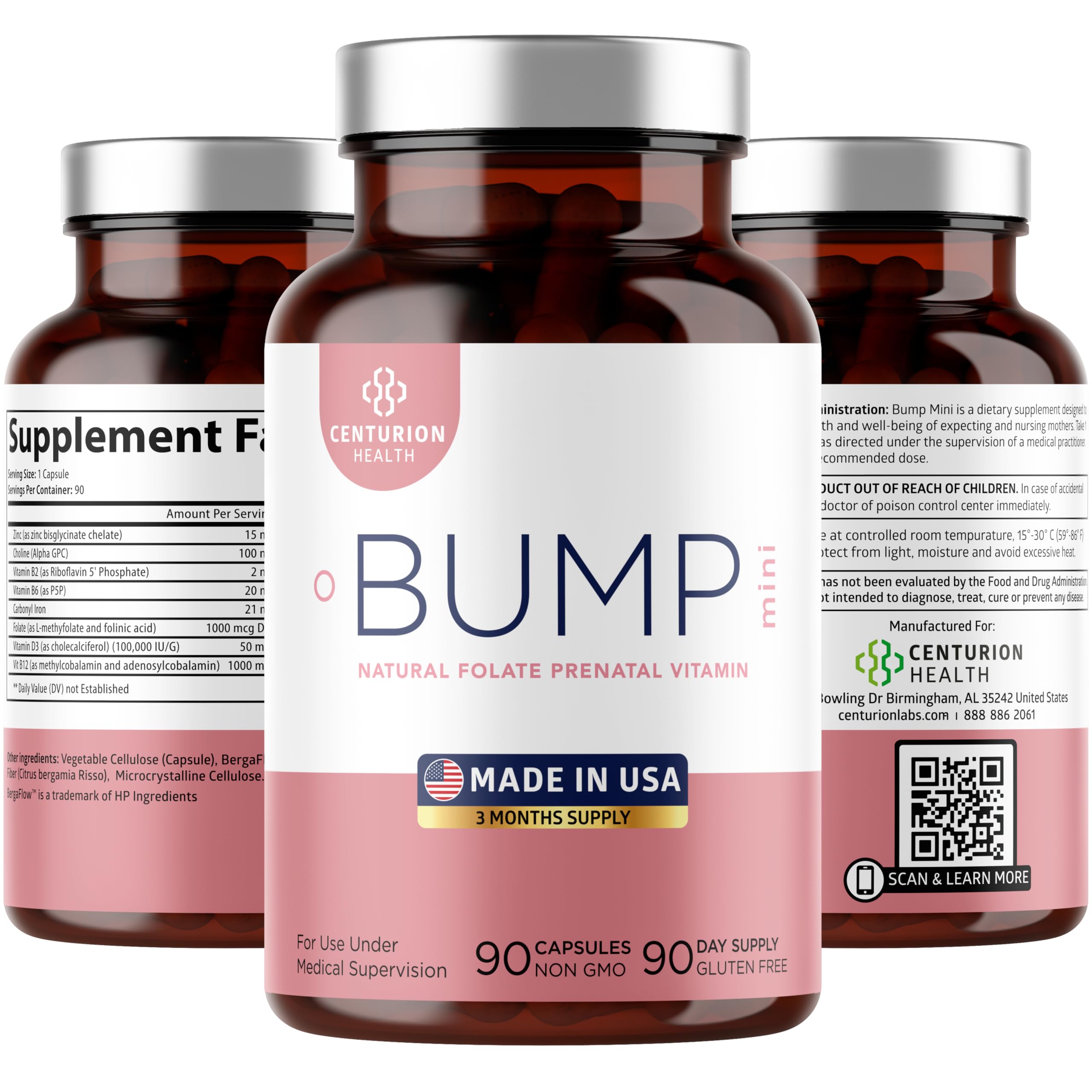 Centurion Labs Bump Mini bottle pour shows easy-to-use prenatal capsules for daily life.