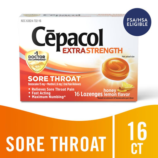 Cepacol honey lemon lozenges pack back with ingredients and directions.