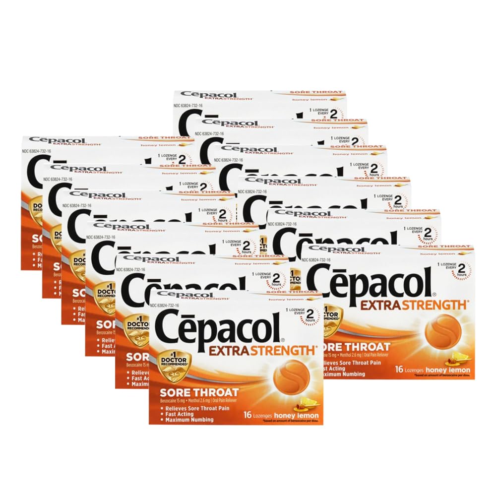 Cepacol honey lemon lozenges pack front for quick throat relief.