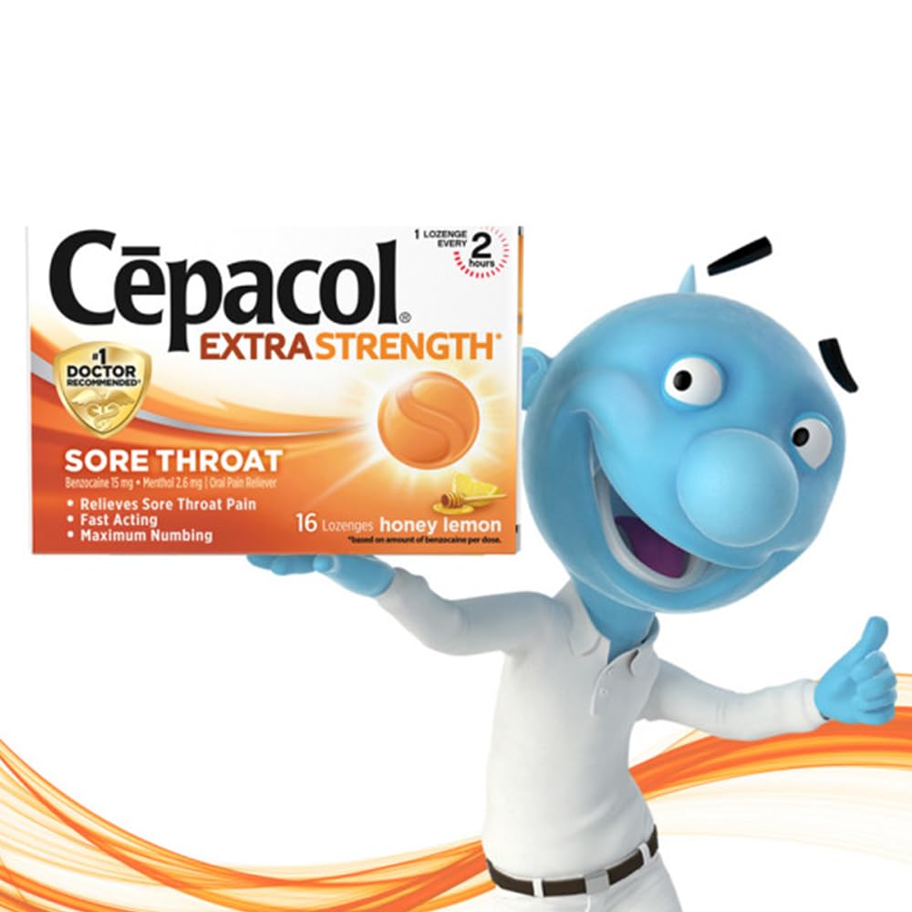 Cepacol honey lemon box emphasizes 16 count pack and use case.
