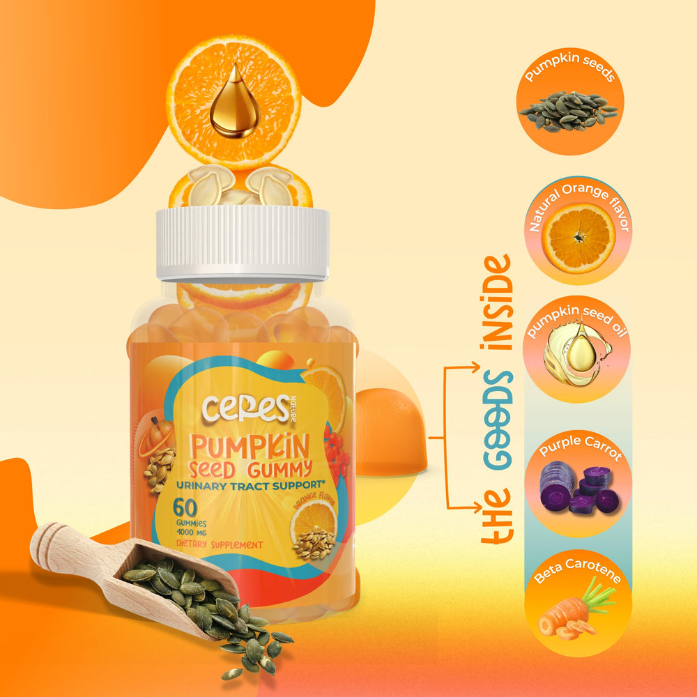 Close-up of gummy texture highlighting sugar-free formula and high-potency pumpkin seed oil.