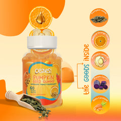 Close-up of gummy texture highlighting sugar-free formula and high-potency pumpkin seed oil.
