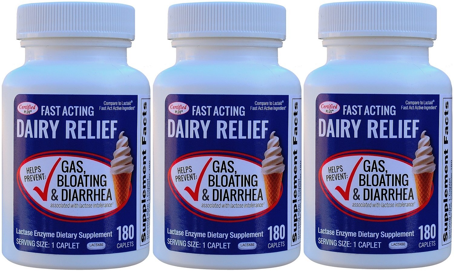 Certified Plus fast-acting lactase caplets in bottle for dairy digestion on busy days
