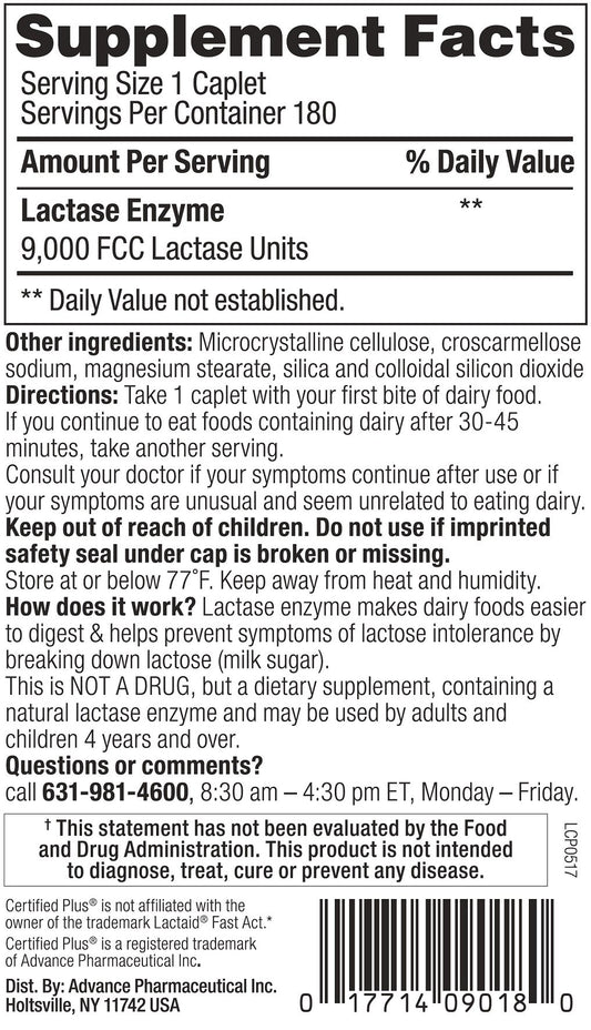 Certified Plus lactase caplets pour helps plan dairy meals with confidence