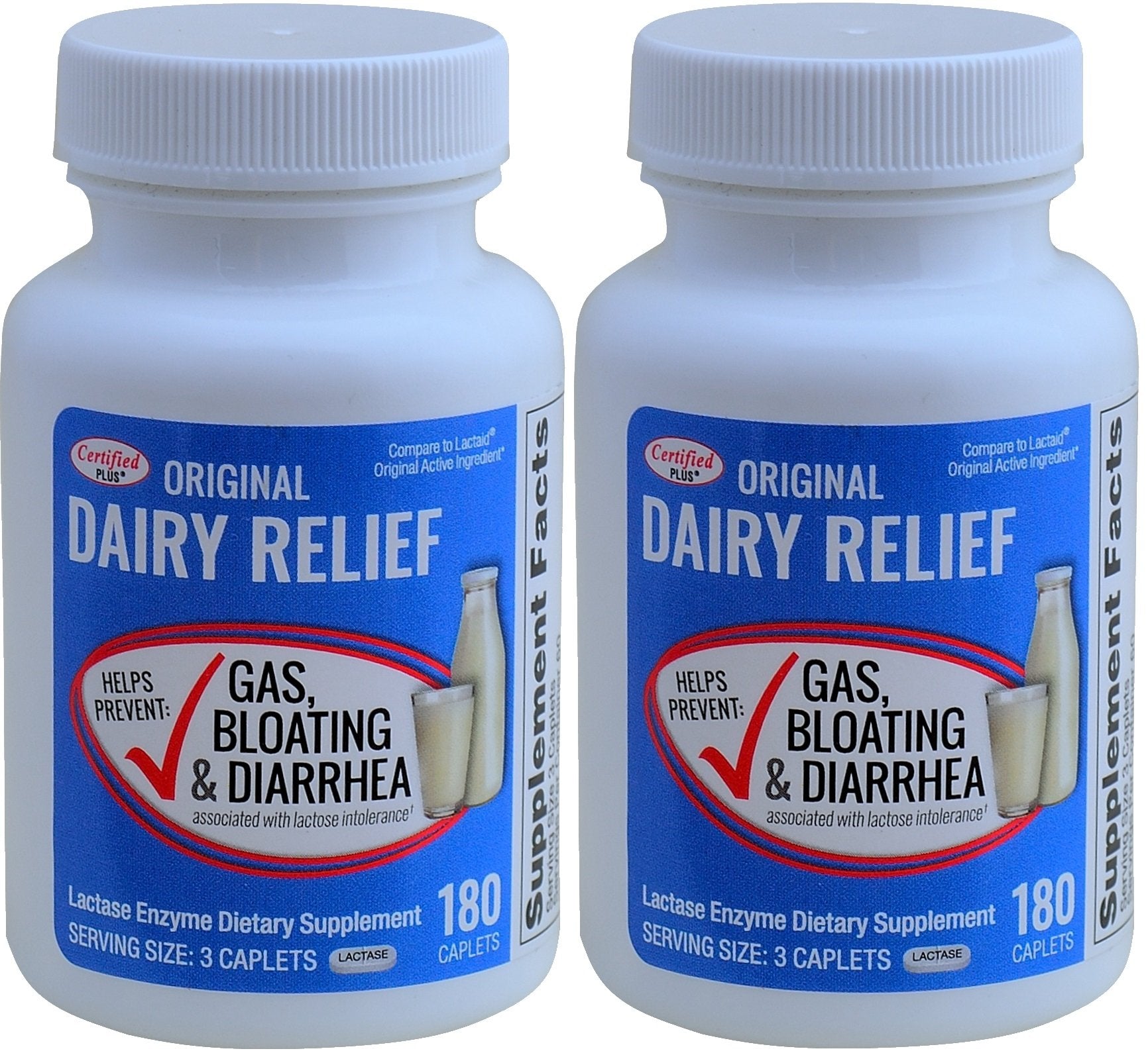 Certified Plus Lactase Enzyme 360-caplets bottle supports dairy digestion with natural lactase.