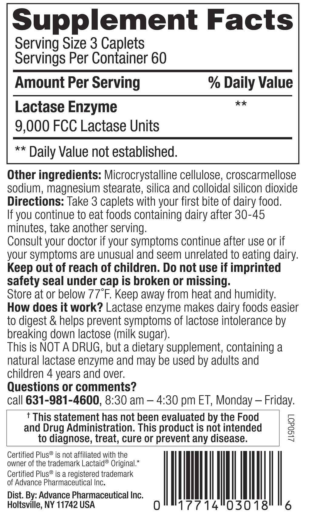 Certified Plus Lactase Enzyme 360-caplets label highlighting original-strength formula.