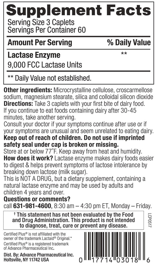 Certified Plus Lactase Enzyme 360-caplets label highlighting original-strength formula.