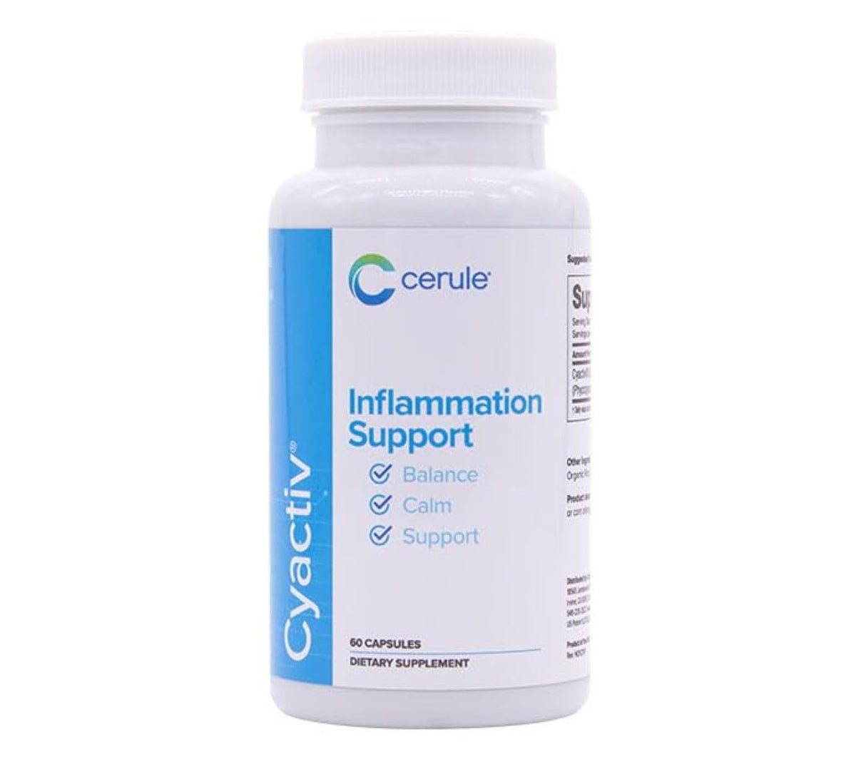Cerule Cyactiv bottle closeup highlighting natural inflammation support for daily balance.
