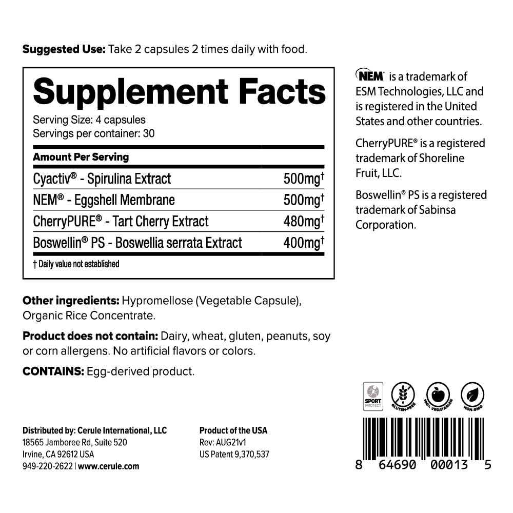 Cerule Cyactiv Spirulina capsules close-up highlight plant-based, easy-to-swallow capsules.