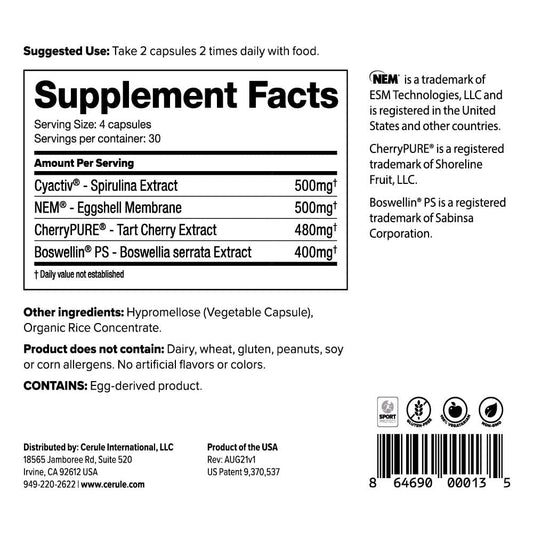 Cerule Cyactiv Spirulina capsules close-up highlight plant-based, easy-to-swallow capsules.