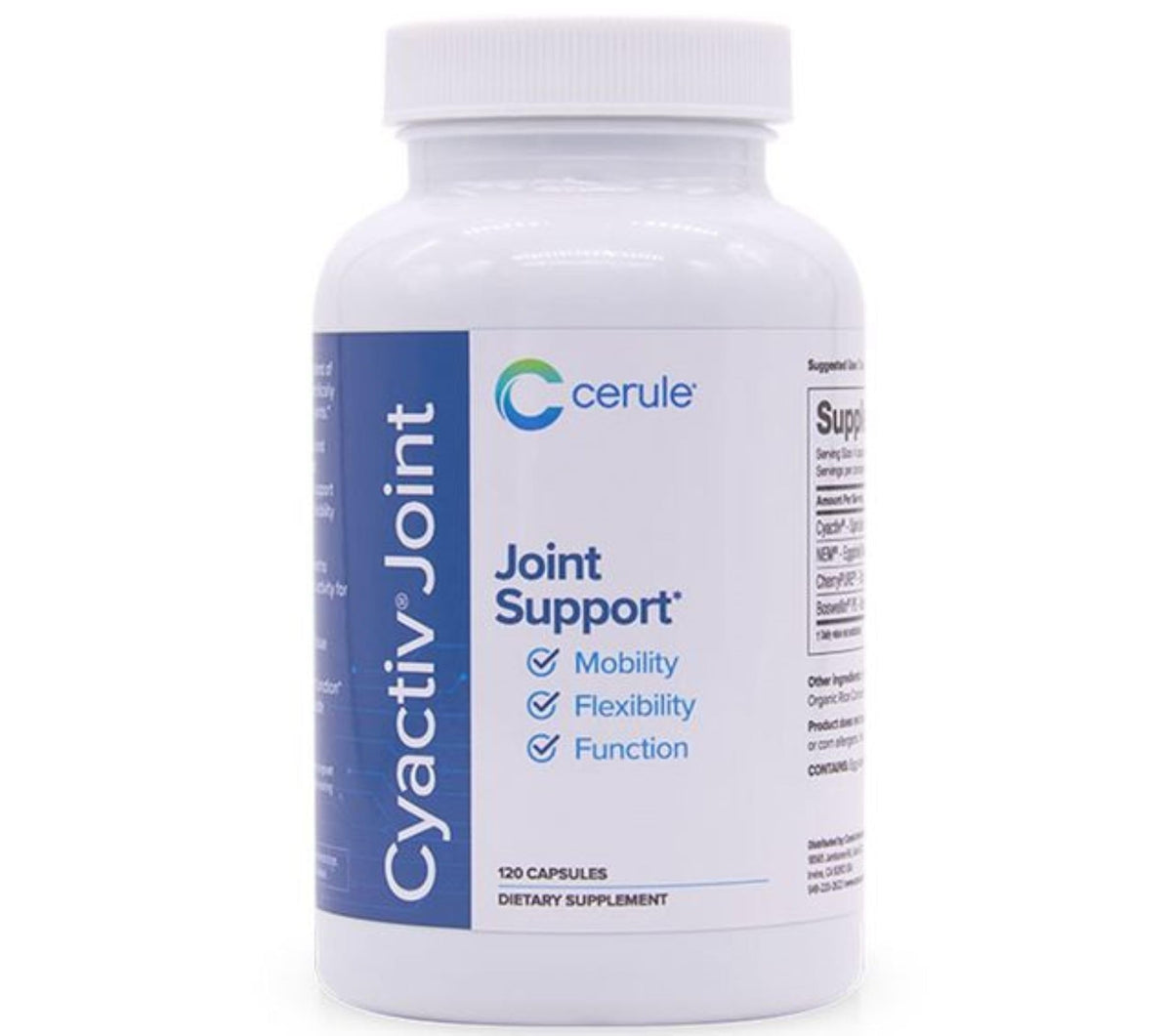Cerule Cyactiv Spirulina capsules in a bottle front showcasing the joint comfort-focused label.