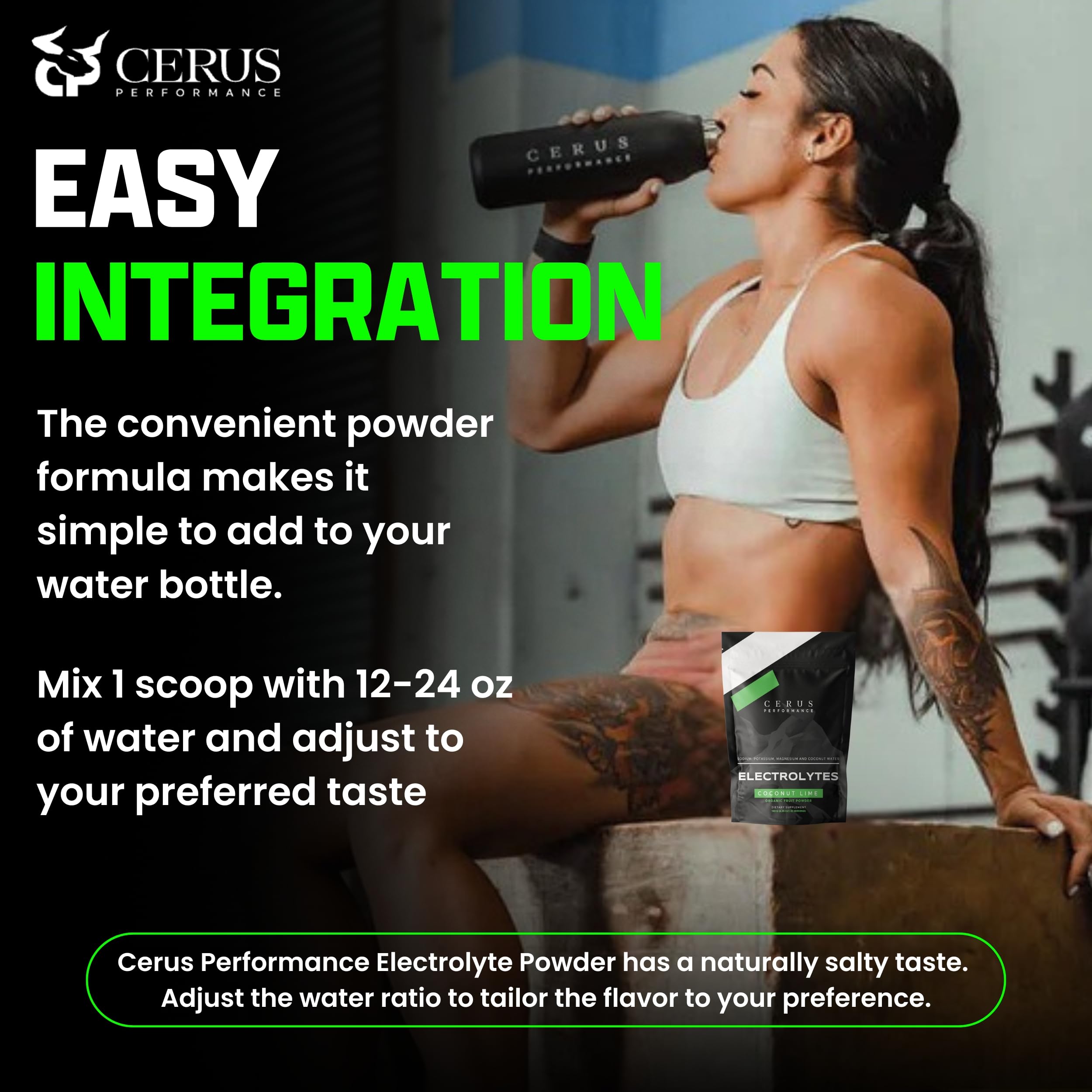 Cerus Coconut Lime electrolyte bottle on gym shelf for daily hydration.