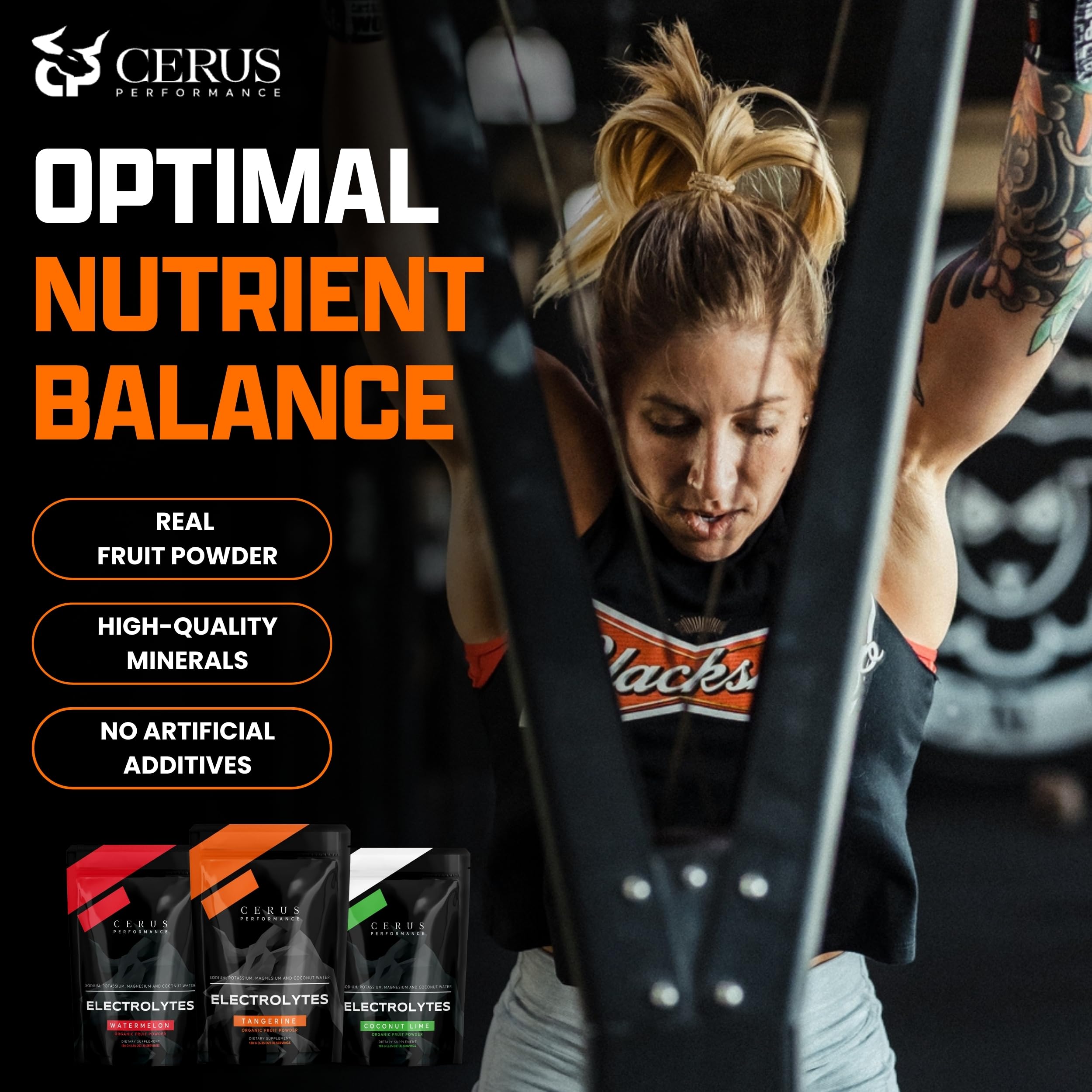 Cerus real fruit powder and minerals in the electrolyte tub show clean ingredients.
