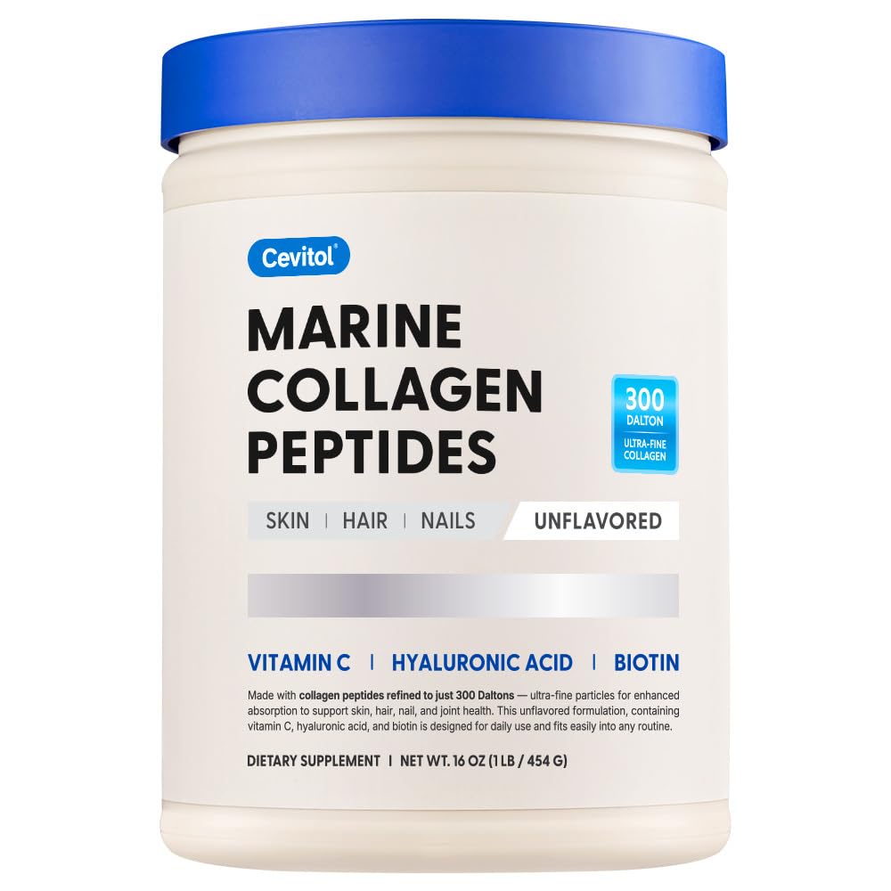Cevitol Marine Collagen Peptides tub with scoop for easy daily dosing.
