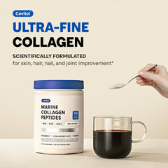 Cevitol Marine Collagen Peptides unflavored powder dissolves cleanly in drinks.