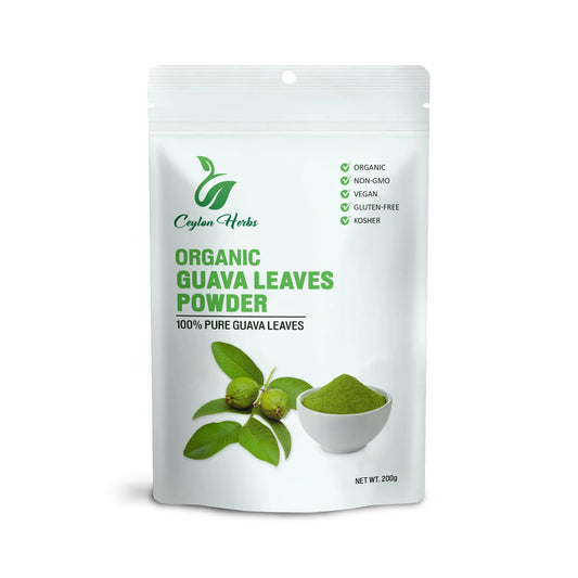 CEYLON HERBS Guava Leaves powder close-up—finely ground, ideal for smoothies and beverages.