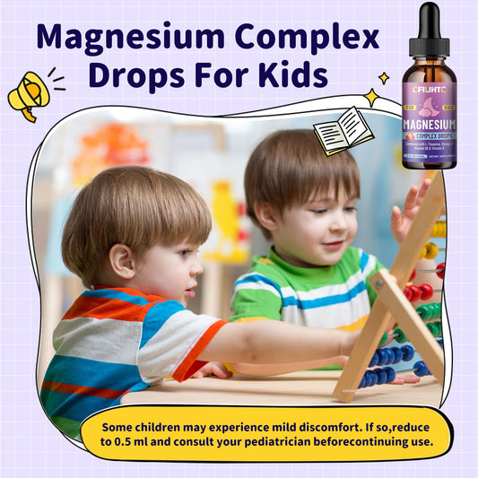 Dropper and label showing kid-friendly magnesium supplement for smooth dosing.