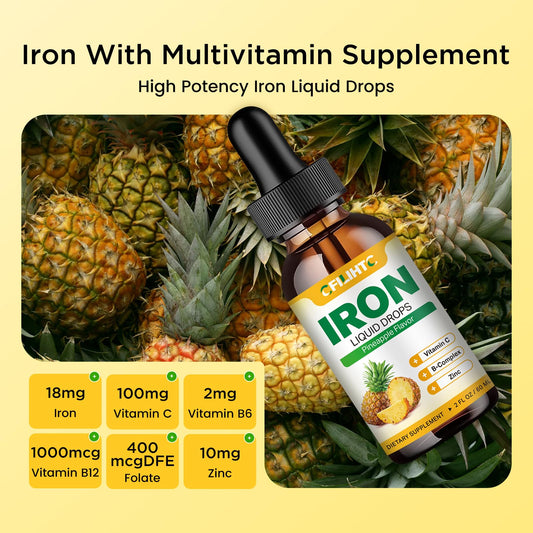 CFILIHTC pineapple-flavor liquid iron drops highlighting vegan formula and taste