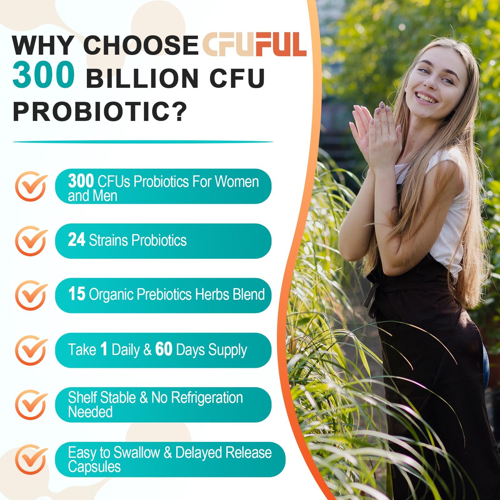 Cfuful Probiotics features 15 organic herbs prebiotic blend for digestion.