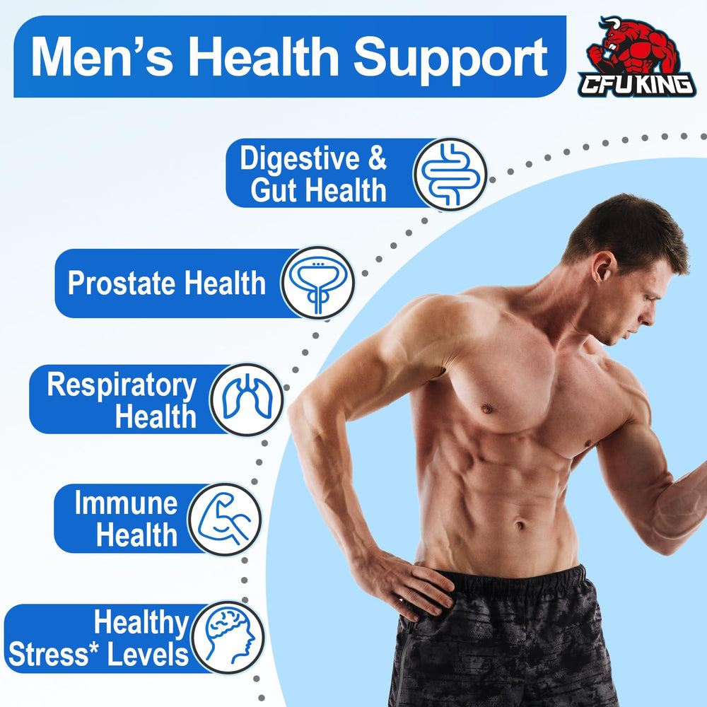 CFUKING Probiotics for Men gut health infographic highlights 12 strains