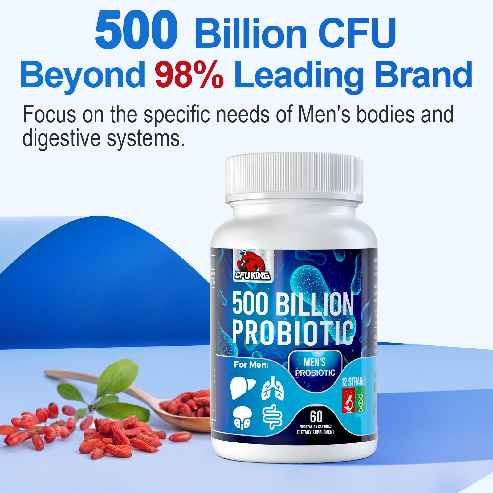 CFUKING Probiotics for Men organic fiber blend visual emphasizing benefits