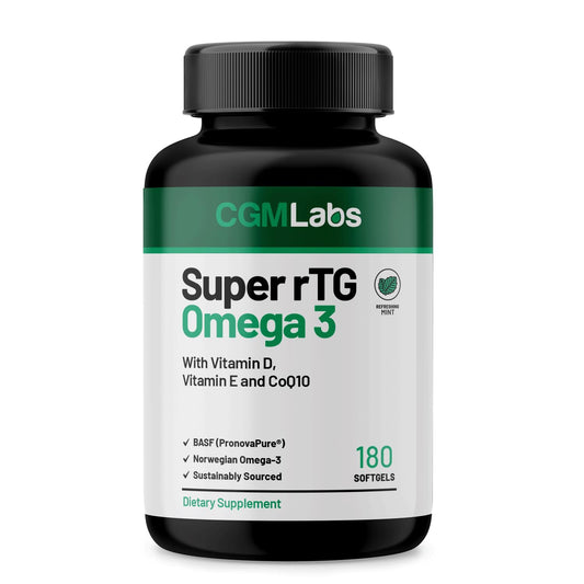 CGM Labs rTG Omega-3 bottle highlighting sustainable Norwegian fish oil for daily use