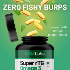 CGM Labs rTG Omega-3 with CoQ10 packaging emphasizing freshness and antioxidant support