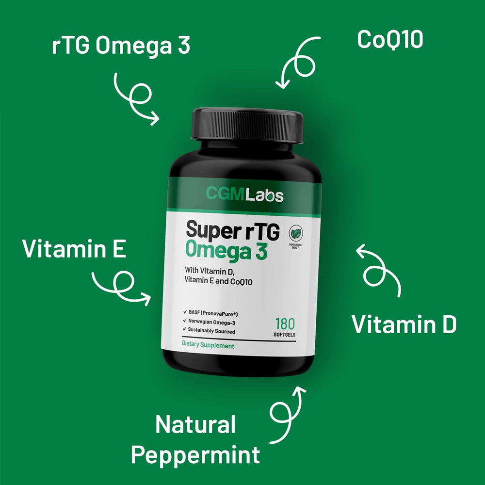 Quality-control stamp on CGM Labs rTG Omega-3 product label indicating purity