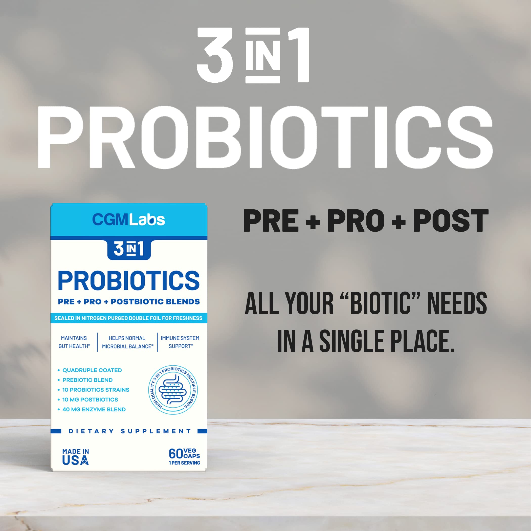 CGM Labs Probiotics 3 in 1 double-foil packaging preserves potency for daily use.