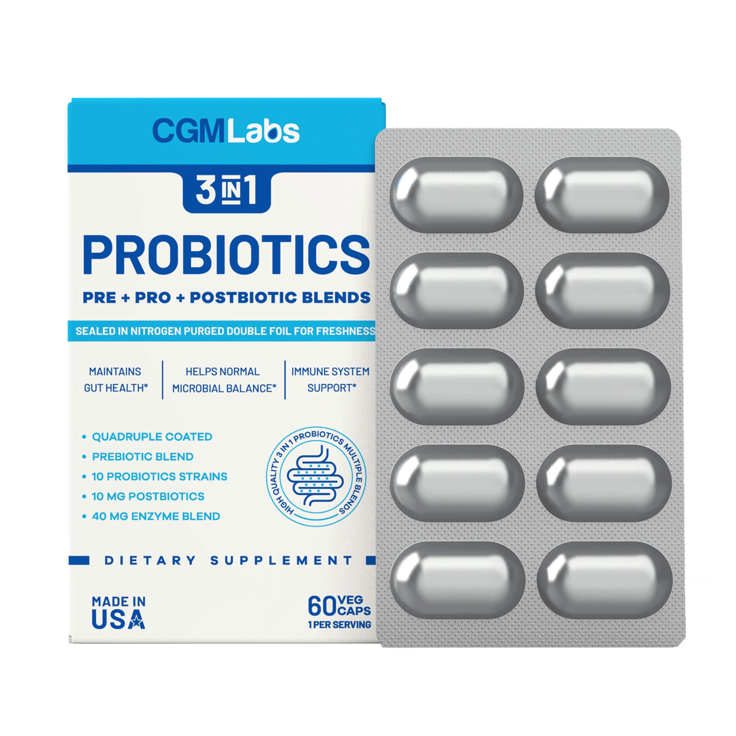 CGM Labs Probiotics 3 in 1 nitrogen-purged blister demonstrates freshness and portability.