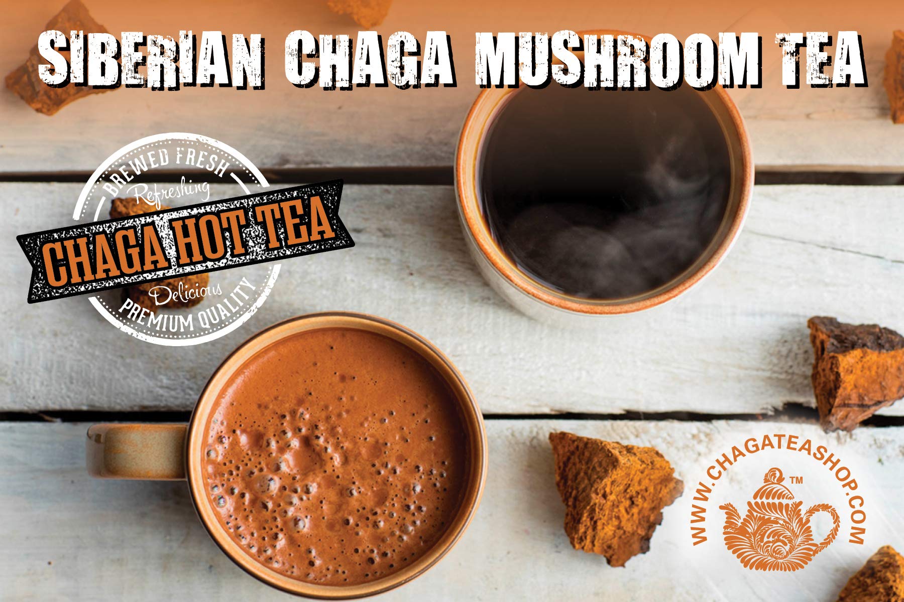 ChagaTeaShop packaging with natural, wild-harvested chaga chunks.