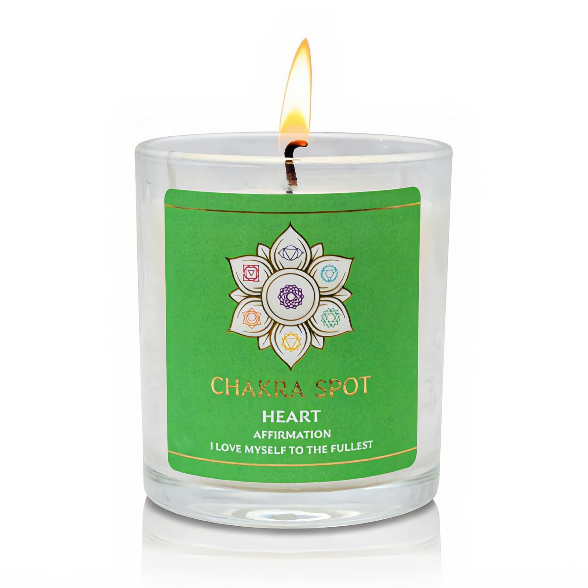Chakra Spot Heart Chakra Candle closeup showing a calming glow for relaxation.