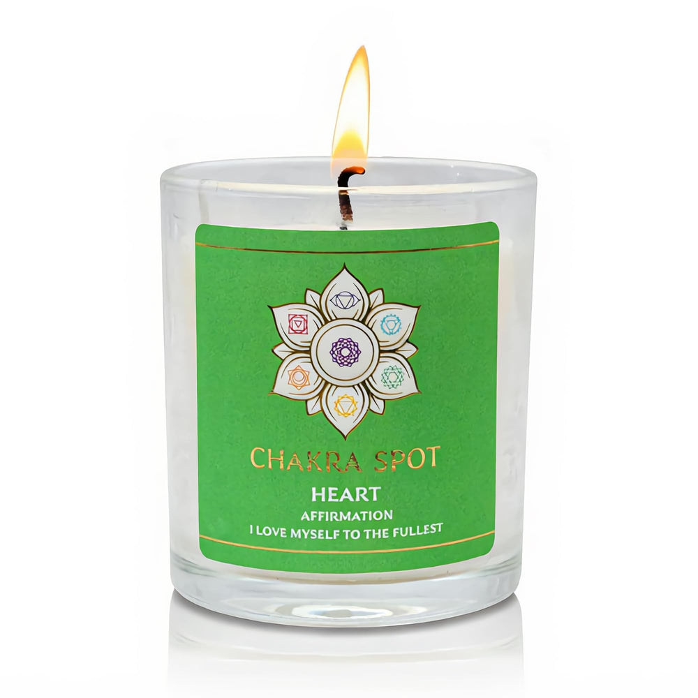 Chakra Spot Heart Chakra Candle closeup showing a calming glow for relaxation.