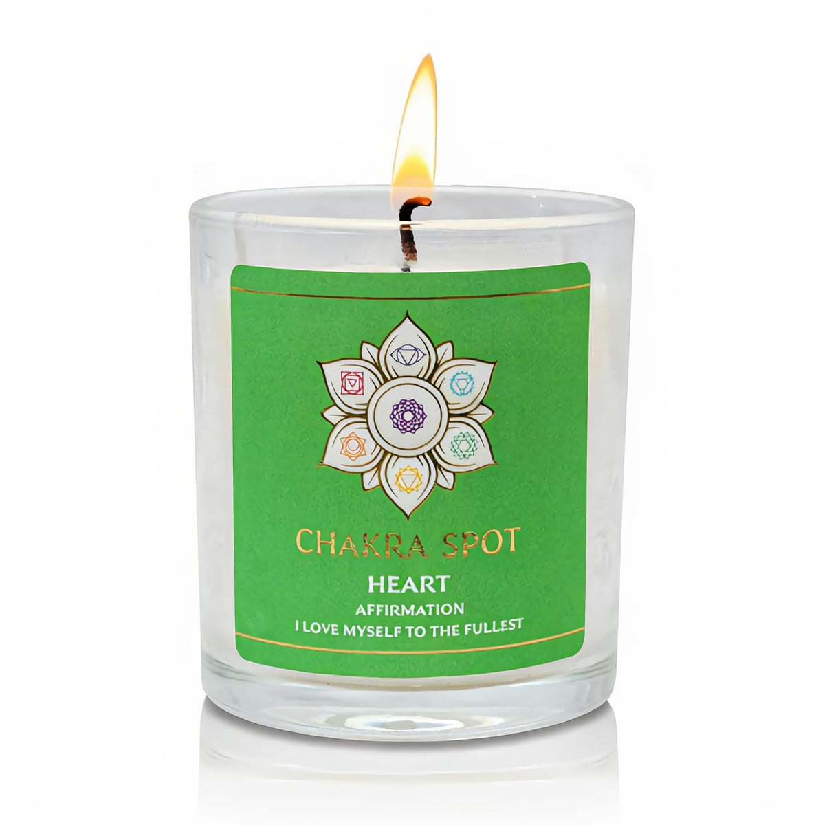Chakra Spot Heart Chakra Candle closeup showing a calming glow for relaxation.