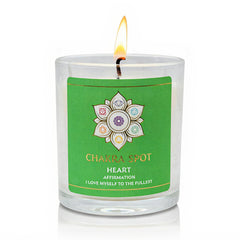 Chakra Spot Heart Chakra Candle closeup showing a calming glow for relaxation.