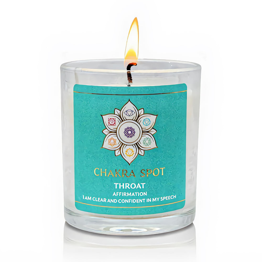 Chakra Spot Vishuddha candle closeup showing a calming aroma ideal for mindful routines.