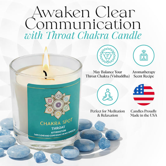 Chakra Spot Vishuddha candle lit for a soothing evening meditation and focus.