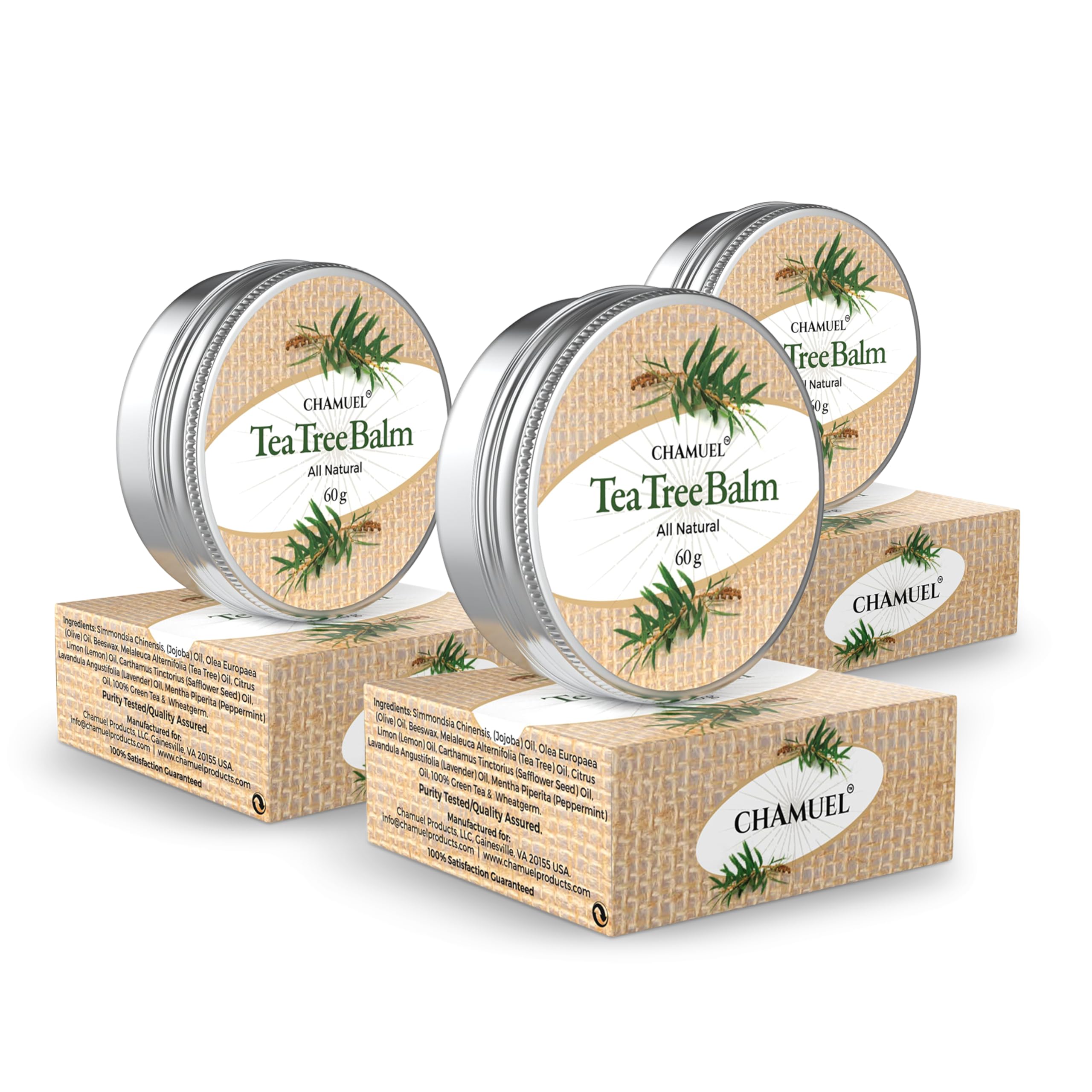 Chamuel Tea Tree Oil Balm packaging front for easy on-the-go soothing