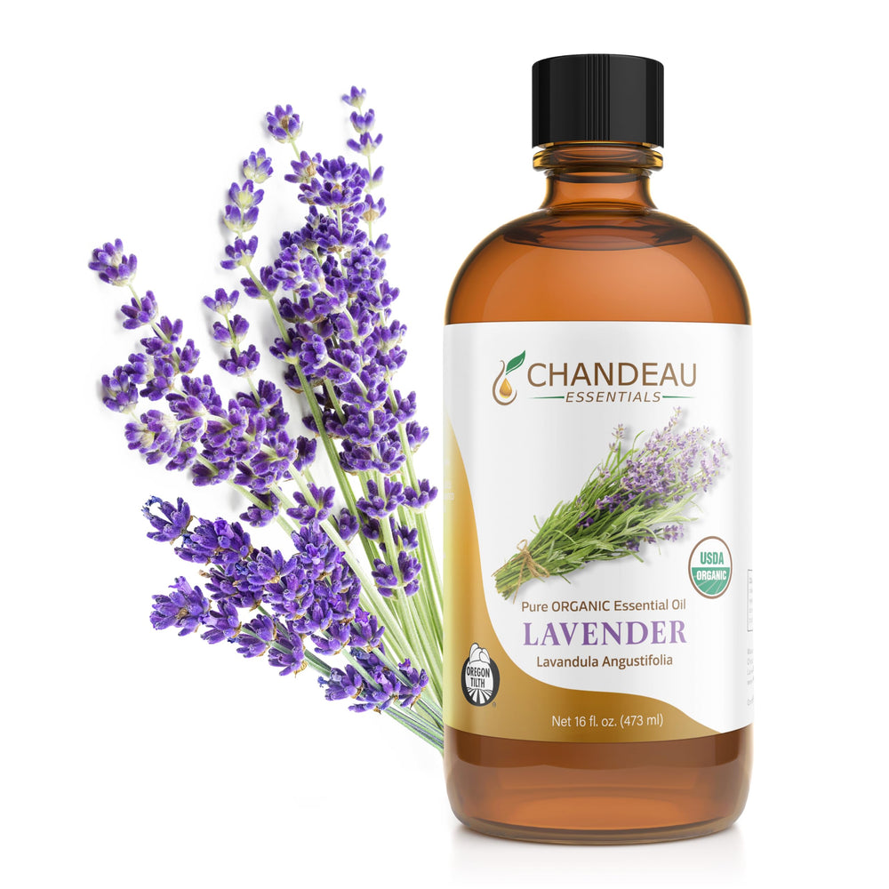 Chandeau Essentials lavender oil bottle in amber glass for premium aromatherapy.
