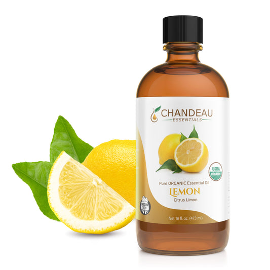 Chandeau Essentials lemon essential oil bottle in amber glass for home use