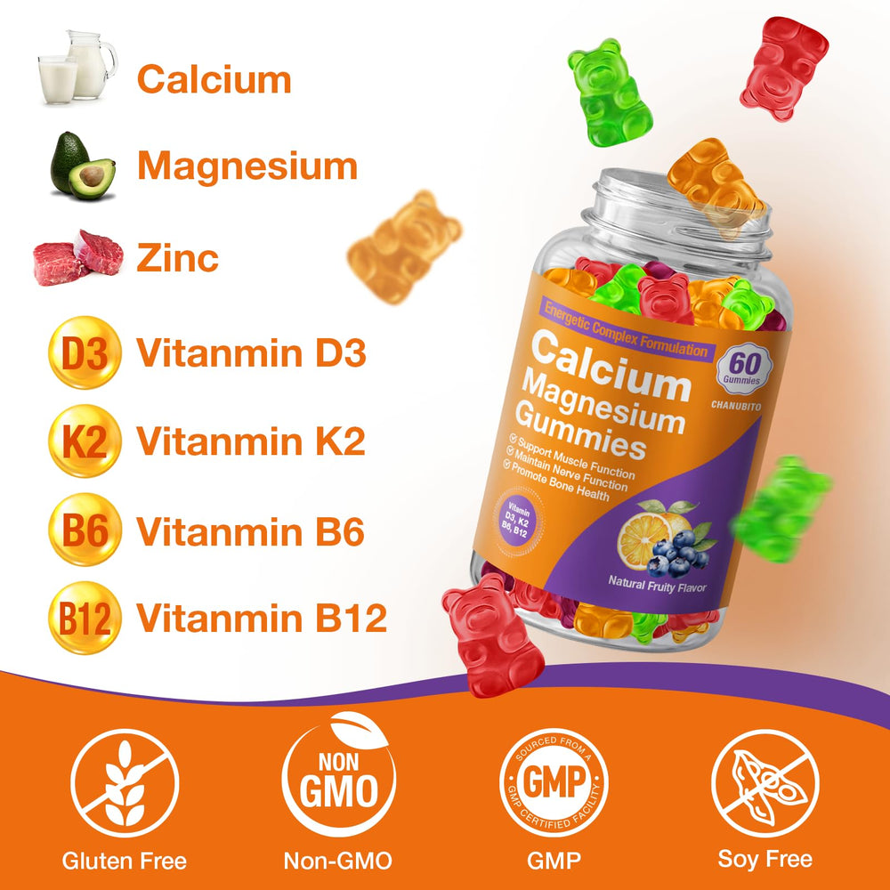 CHANUBITO calcium magnesium zinc gummies on white background highlighting comprehensive formula