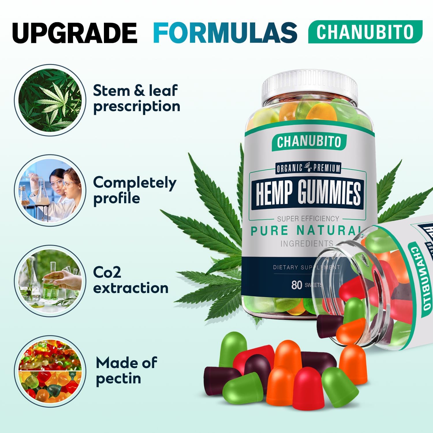 CHANUBITO hemp gummies close-up showing chewy texture and flavor.