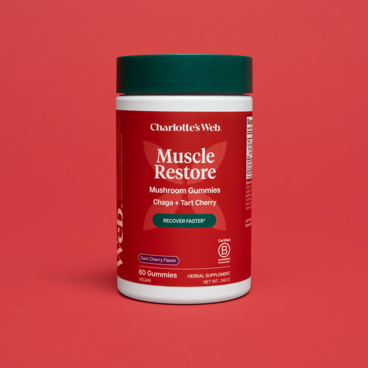 Third-party testing badge on Charlotte's Web Muscle Restore packaging