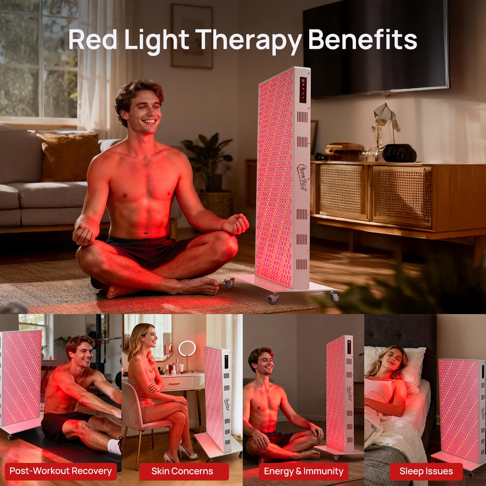 Charmpilot red light panel 810nm, middle view, provides a warm glow for daily comfort.