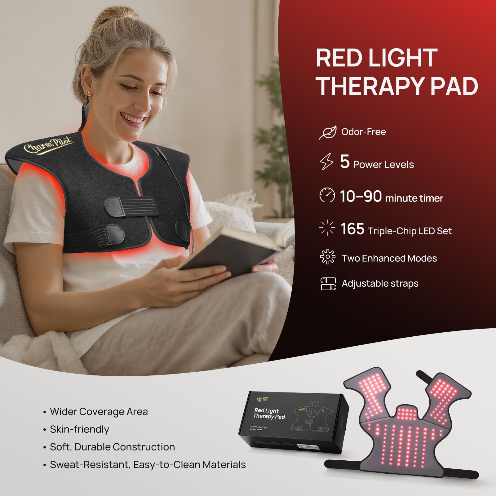 Charmpilot wearable light pad back view highlighting versatile upper-back comfort
