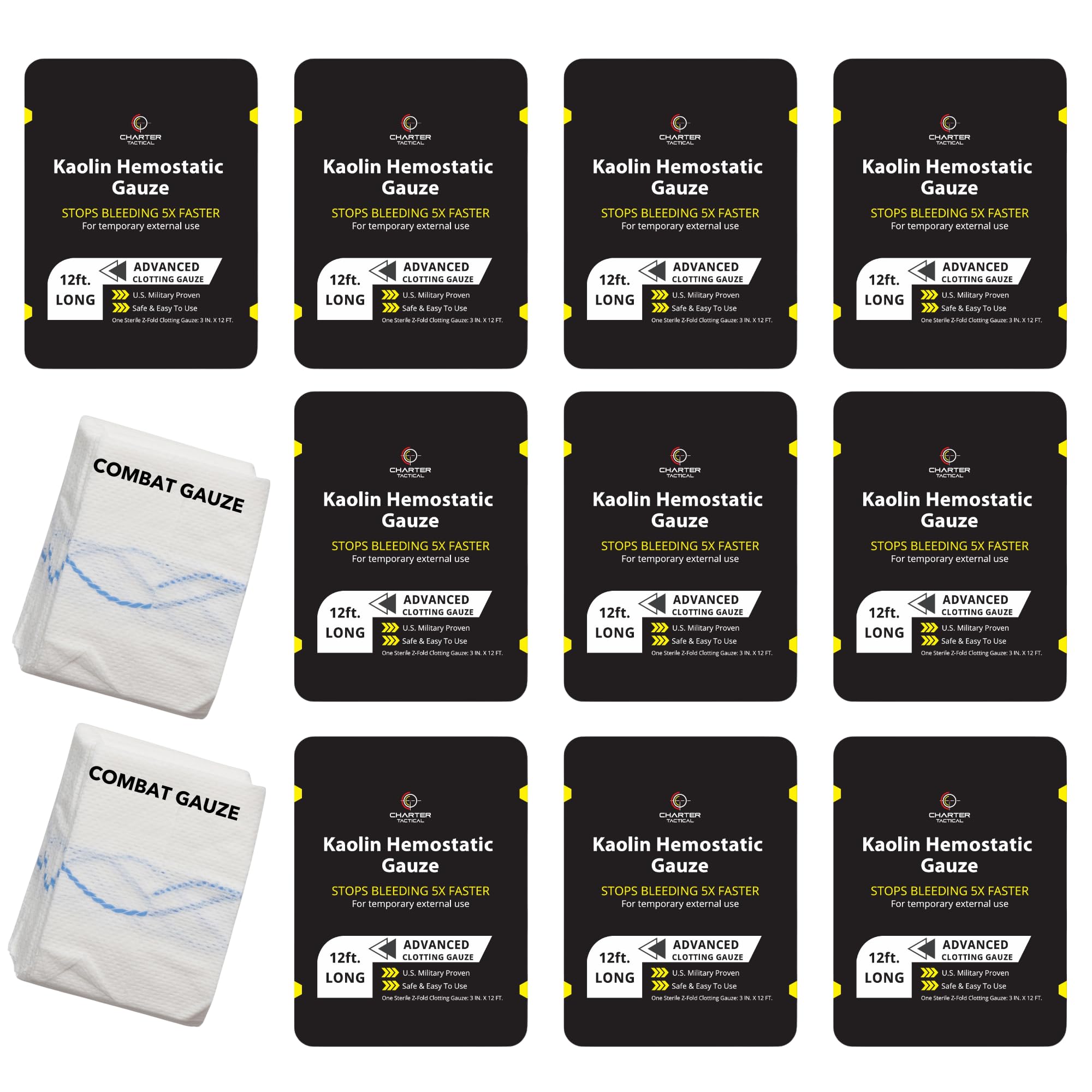 Charter Tactical Quick Clot Gauze 3x12-5in; flexible hemostatic gauze for rapid wound packing.