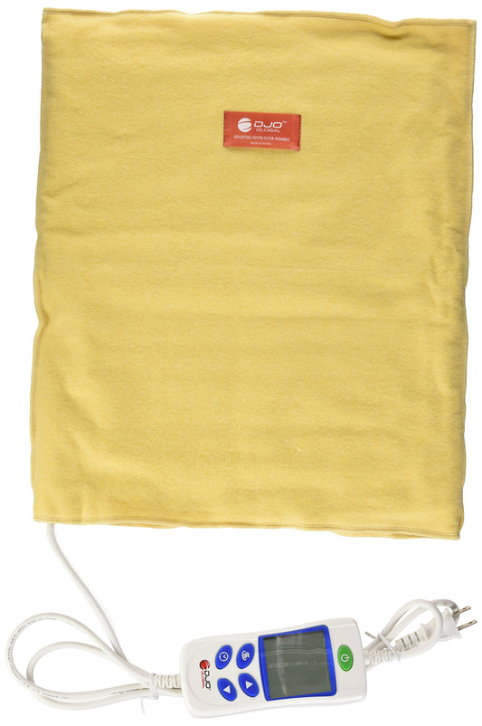 Chattanooga Theratherm on shoulder provides soothing moist heat for muscle strain.