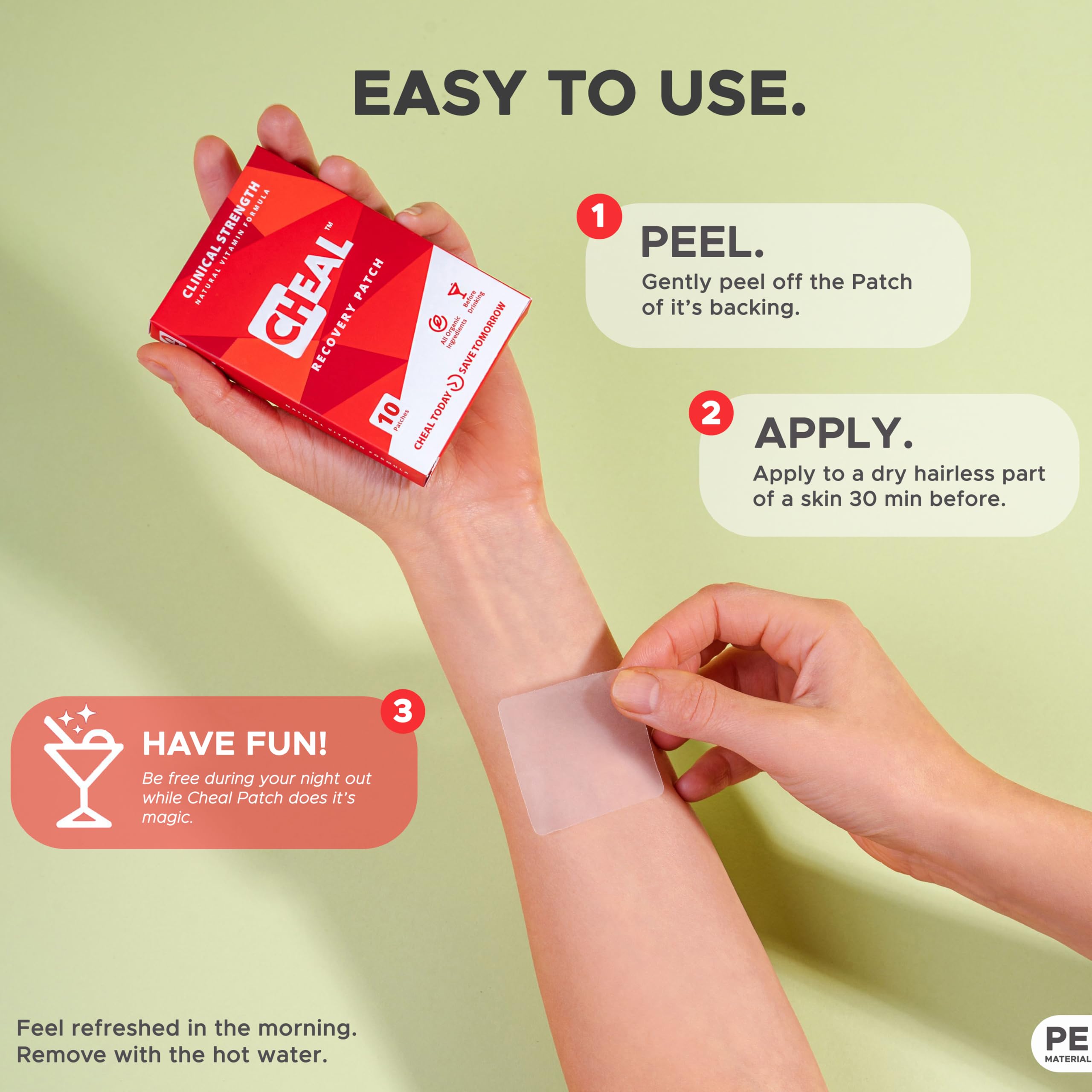 CHEAL Recovery Patch placed on skin 40 minutes prior to party.