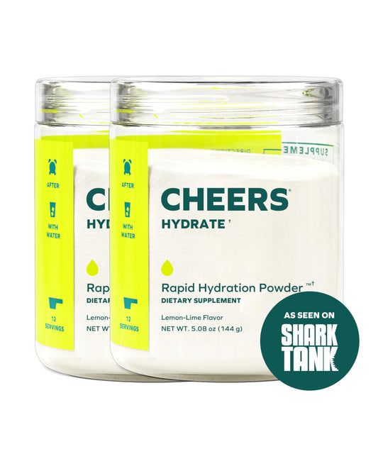 Cheers Hydrate lemon-lime powder dissolving in water for quick hydration