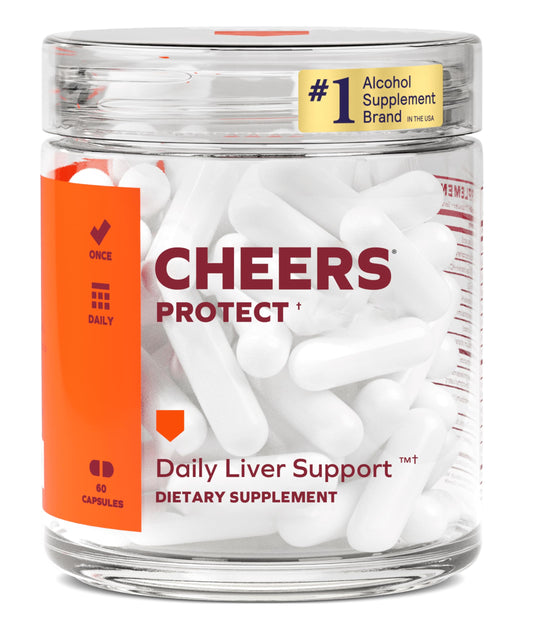 Cheers Protect bottle front view promoting daily liver support with antioxidant ingredients